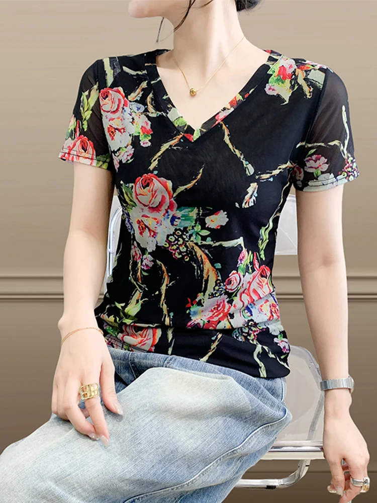 Faionable Camiseta con estampado floral para mujer ort Sve Slim Fit V-Ne f Sve Top de verano Ropa de viaje coreana Sle