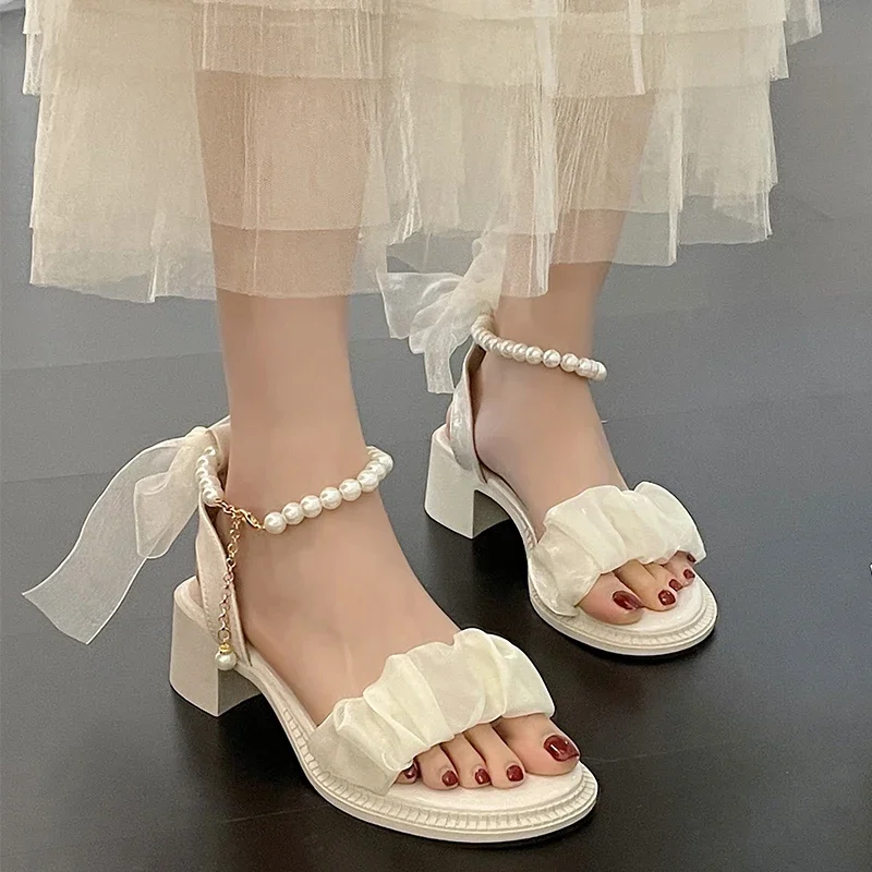 Black Platform Sandals Female Shoe 2023 Summer Lace Denim Women\'s High Heels Med Espadrilles Girls Laces Fashion Gladiator Beige