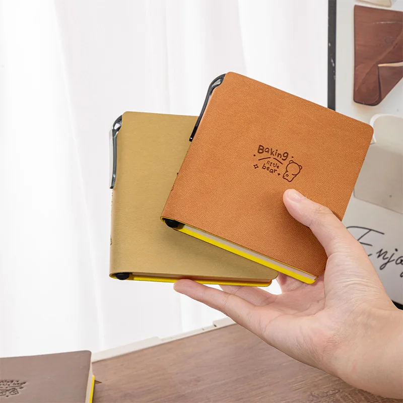 Portable Mini Notebook Pocket Booklet Soft Leather Blank Notepad Travel Stamped Book ，with 1 Pen，Cute bear embossed pattern