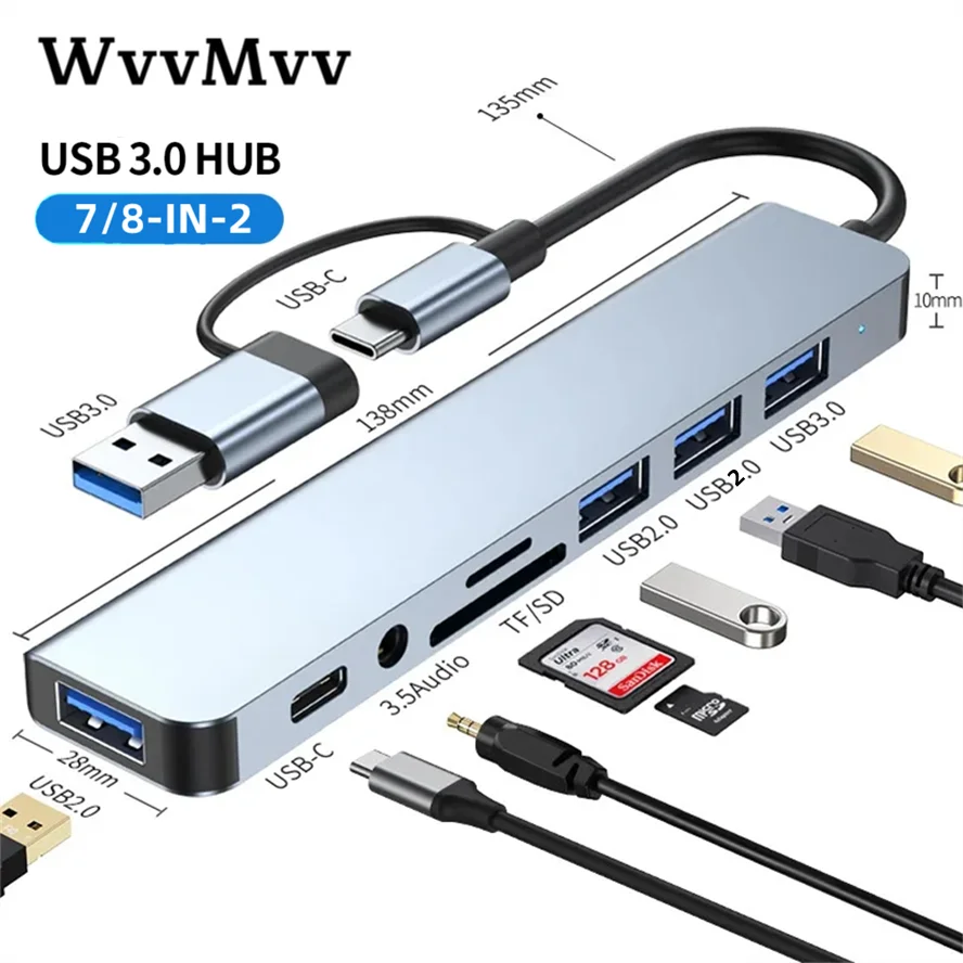 HUB USB 8 en 2 avec lecteur de carte séparateur, Port USB C USB 3.0 SD/TF, lecteur de carte, Station d'accueil, Transmission à grande vitesse