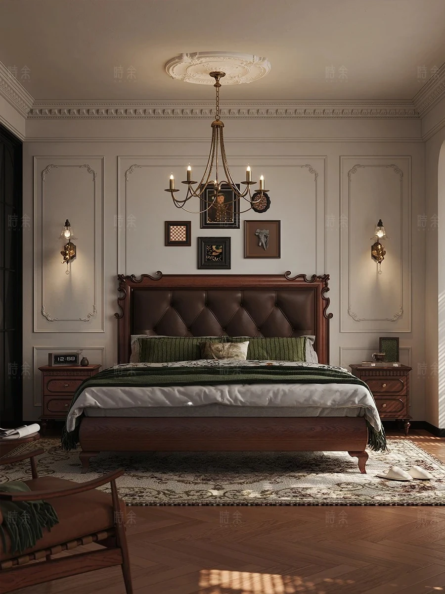 Retro Style Genuine Leather Bed Solid Wood Princess Bed Antique Style 1.8m Large Bed