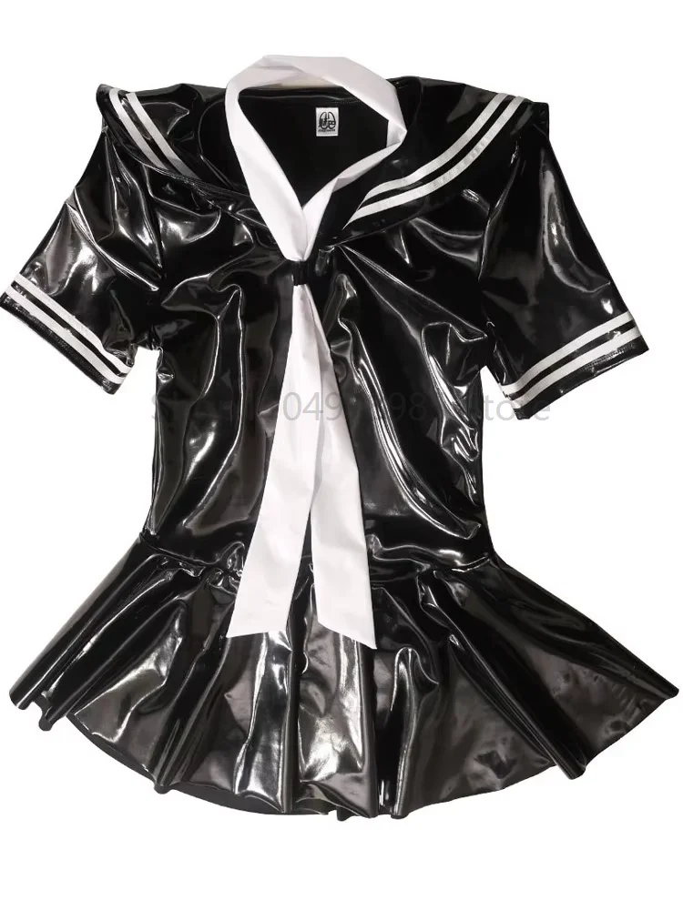 

Sailor Collar Cosplay Role Playing School Girl PVC Vestido short Sleeve Shiny PU Leather Pleated Dress Student Uniform Miniskirt