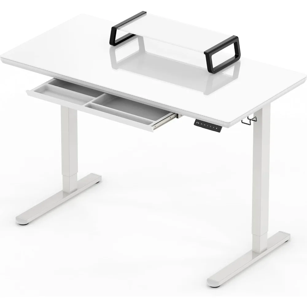 School Desks. 48-Inch Whole-Piece Glass Electric Height Adjustable Desk with Monitor Riser and Drawer, White