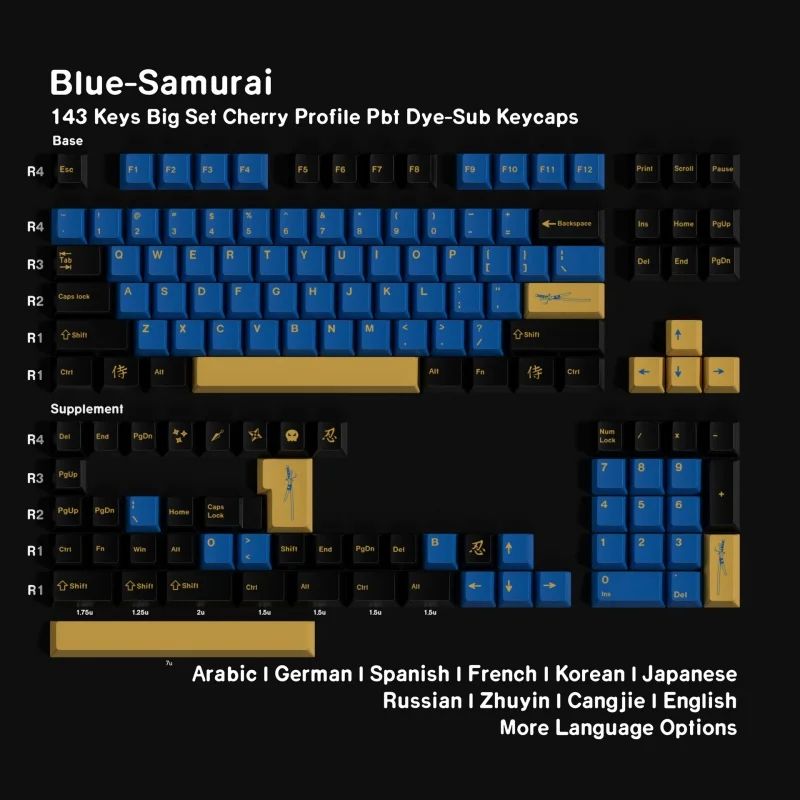 Gmk Blue Samurai Keycaps 143key Cherry 5 Side Hot Sublimated German French Spanish Korean Japanese Mechanical Keyboard Keycaps