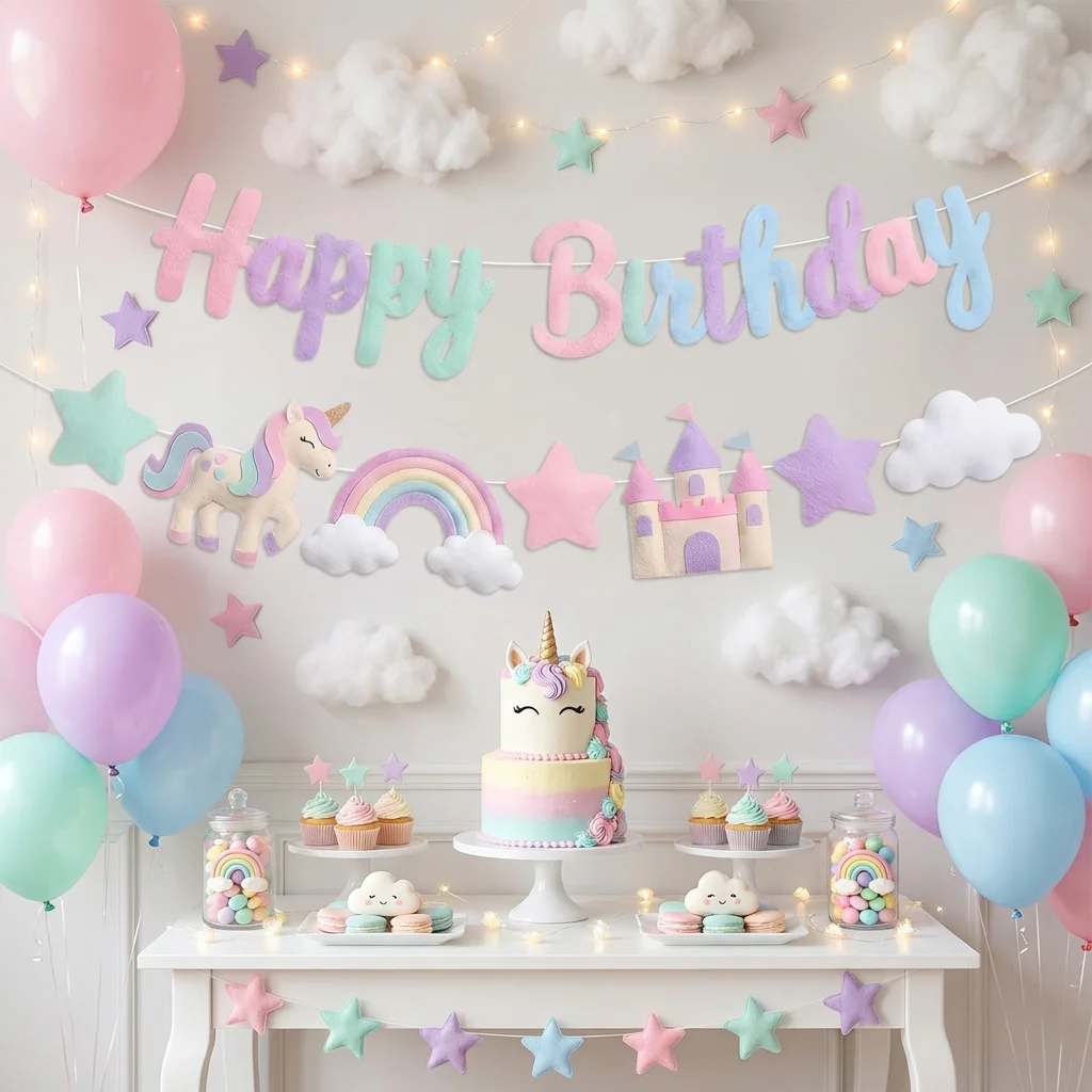 Regenbogen-Einhorn-Party Filzbanner Bunte Stern-Prinzessin-Schloss-Dekorationen Alles Gute zum Geburtstag Magisches Pony Mädchen Babyparty-Deko – Detail 1
