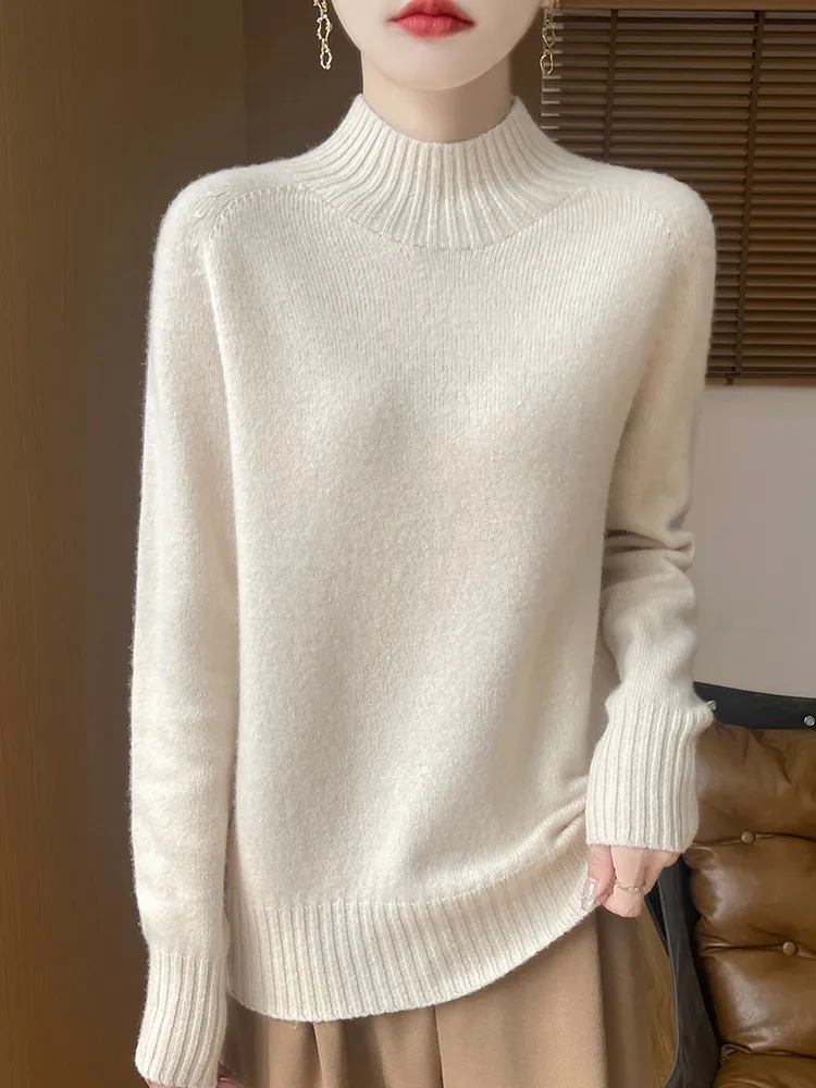

TLOML New Women Mock Neck Pullover Sweater Autumn Winter 100% Merino Wool Knitwear Basic Soft Warm Bottoms Female Clothing Tops