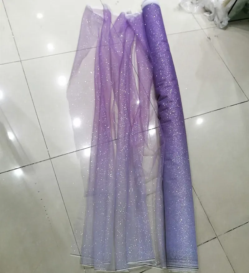 Spray degradado, hoja brillante plateada, hilo suave, malla de polvo fino, tela para vestido de novia azul, rojo y morado