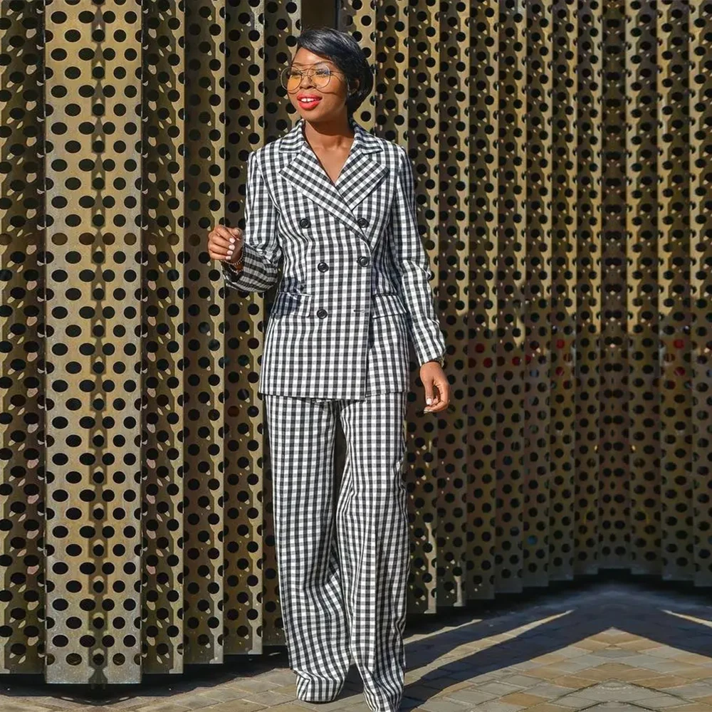 Costumes à carreaux à double boutonnage pour femmes, streetwear sportif, ensemble veste et pantalon deux pièces, robe de mère de la mariée, bureau féminin, printemps