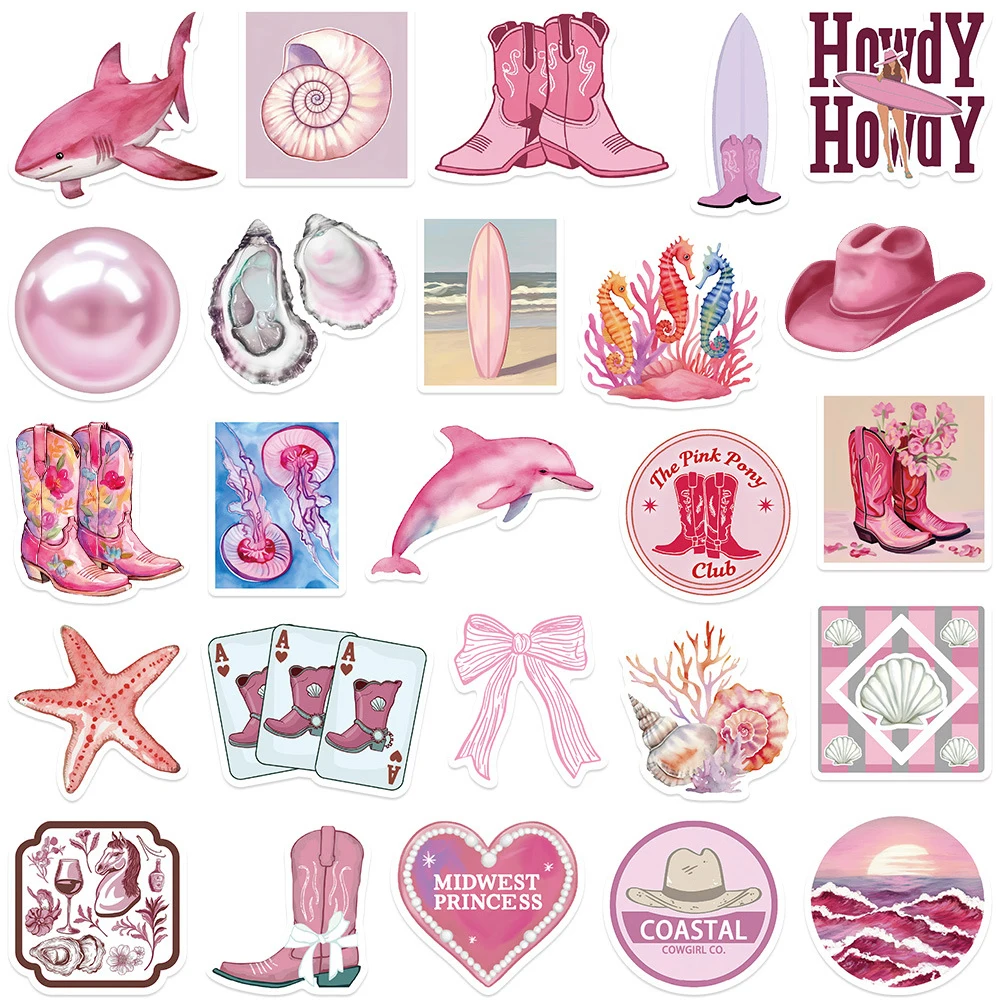 10/30/50pcs Ins Style Cute Pink Coast Girl Stickers Cartoon Ocean Aesthetic Decals Notebook Phone Guitar Bike Sticker Decoration