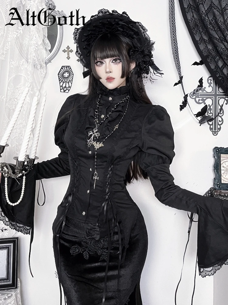 

AltGoth Palace Style винтажная готическая рубашка женская уличная одежда на Хэллоуин Y2k E-girl Hotsweet кружевная лоскутная блузка с длинными рукавами Femme