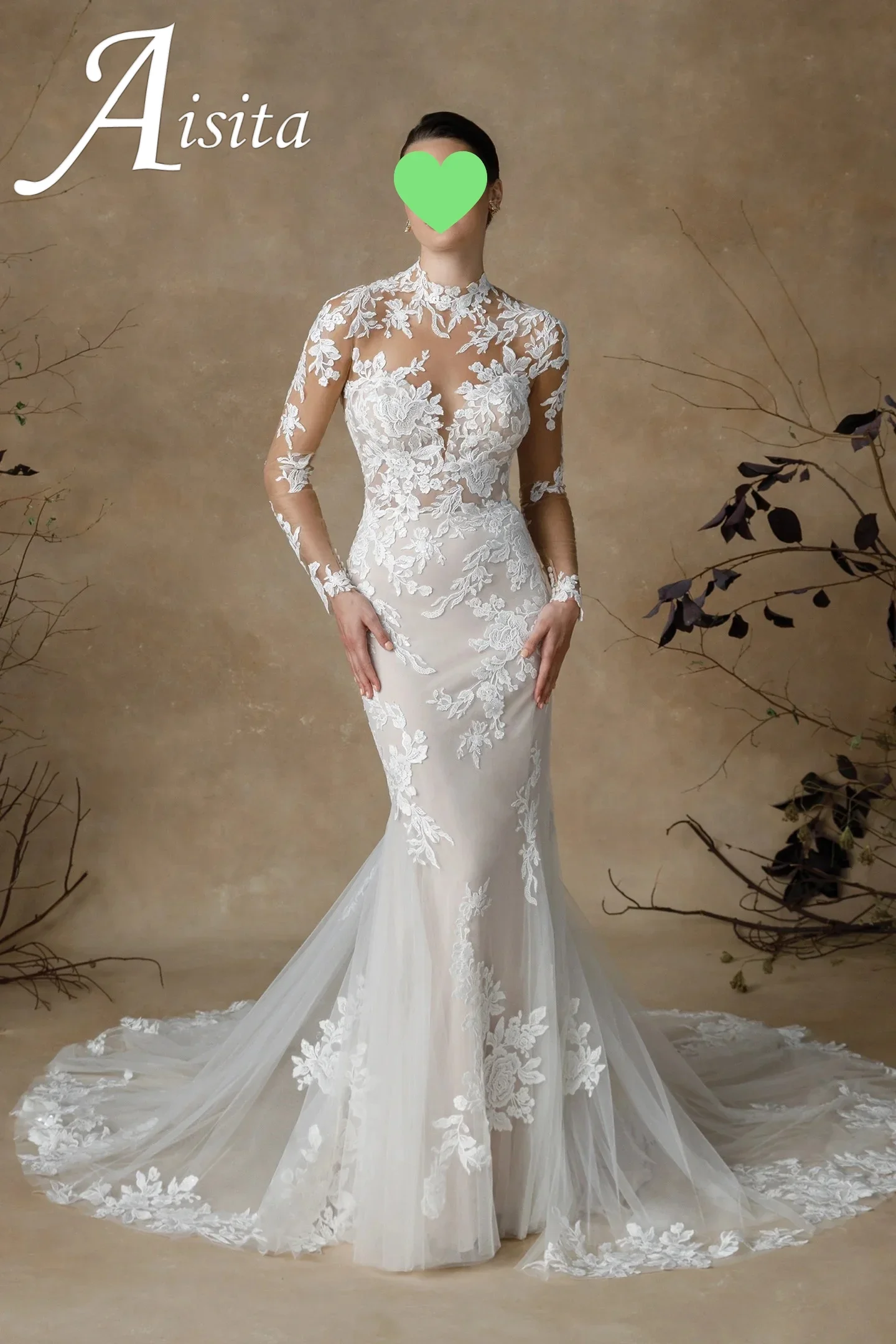فستان زفاف أبيض حورية البحر لعام 2026 مخصص برقبة عالية وأكمام طويلة مزين بالدانتيل تنورة ذيل السمكة فيستدو دي نوفيا