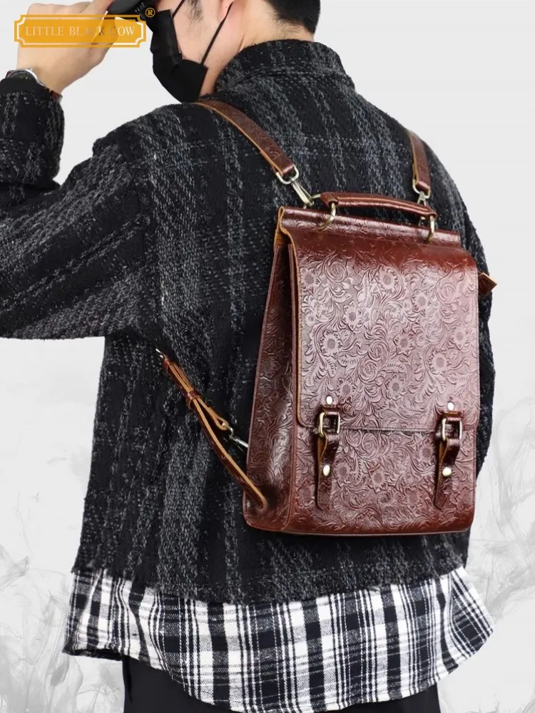 

Men Handmade Bag Cowskin Genuine Leather Backpack Vintage Carving Design Personality High Quality Unisex Casual Backpacks Male