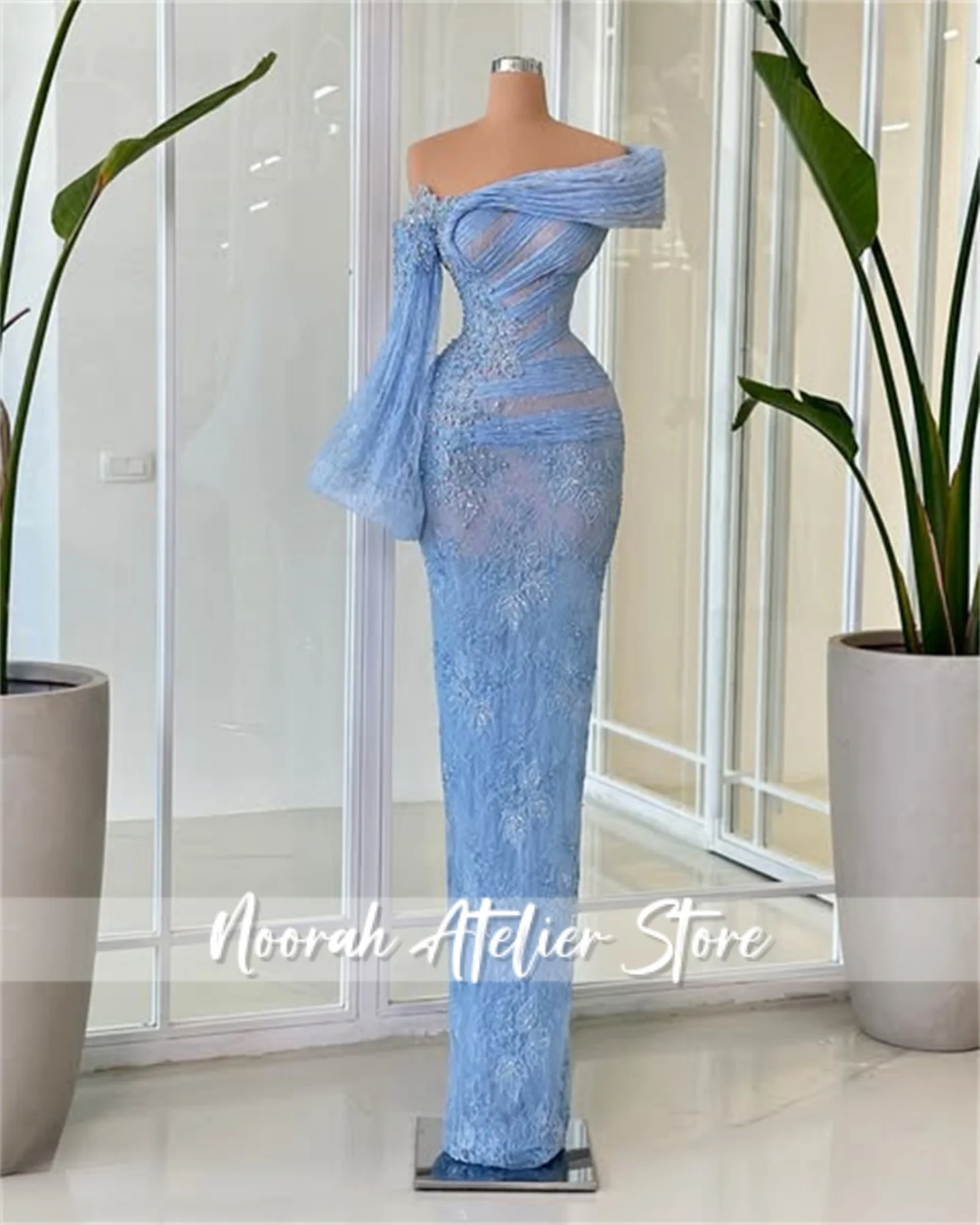 

Синие кружевные роскошные женские вечерние платья на одно плечо с длинными рукавами и складками 2025, женское длинное вечернее платье в Дубае, Vestido по индивидуальному заказу