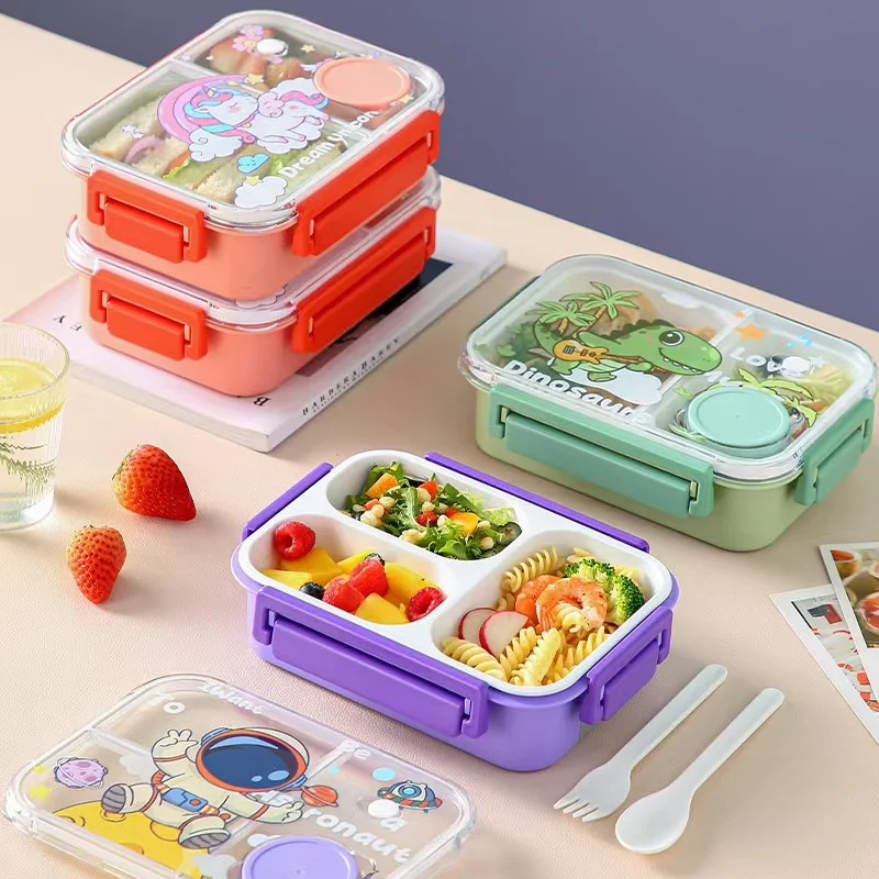 Cartoon Dinosaur Pattern Lunch Box for Kids Compartments Bento Box with fork spoon Students Food Container Outdoor Picnic box