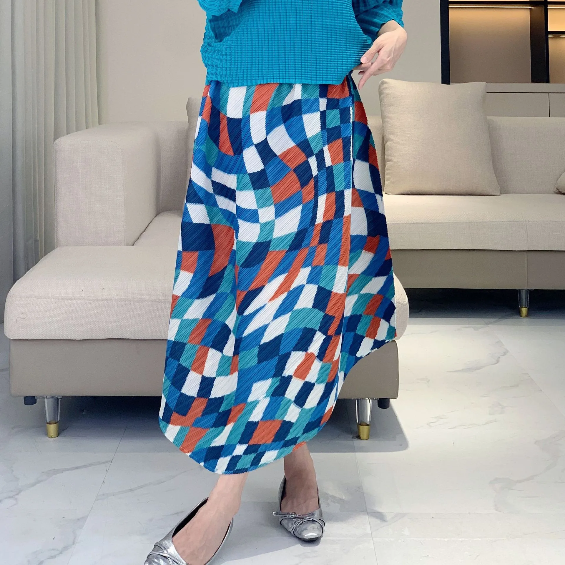 Miyake Irregular Plaid Printed Half Skirt Women's Casual Elastic High Waisted Loose Skirts 2025 Summer New Tide