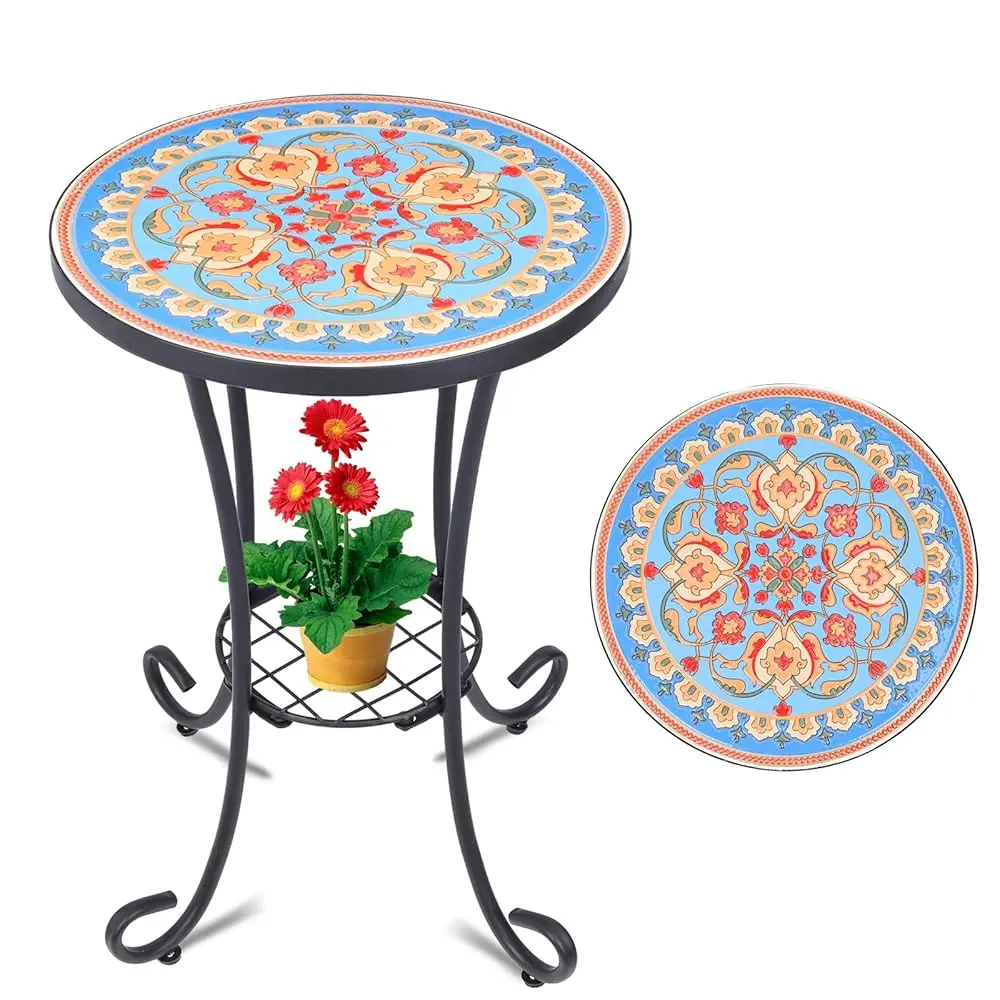 

Mosaic Outdoor Side Table, Round Rustproof Patio Table With 14"" Ceramic Tile Top, Indoor Porch Accent Table For Yard, Garden,