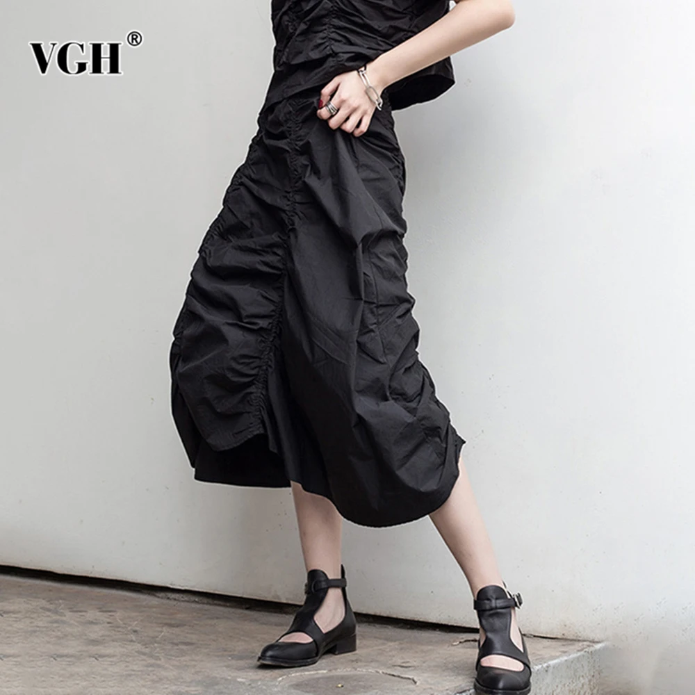 

VGH Solid Patchwork Folds Casual Skirt For Women High Waist Minimalist Loose Midi Irregular Hem Skirts Female Fashion Style New