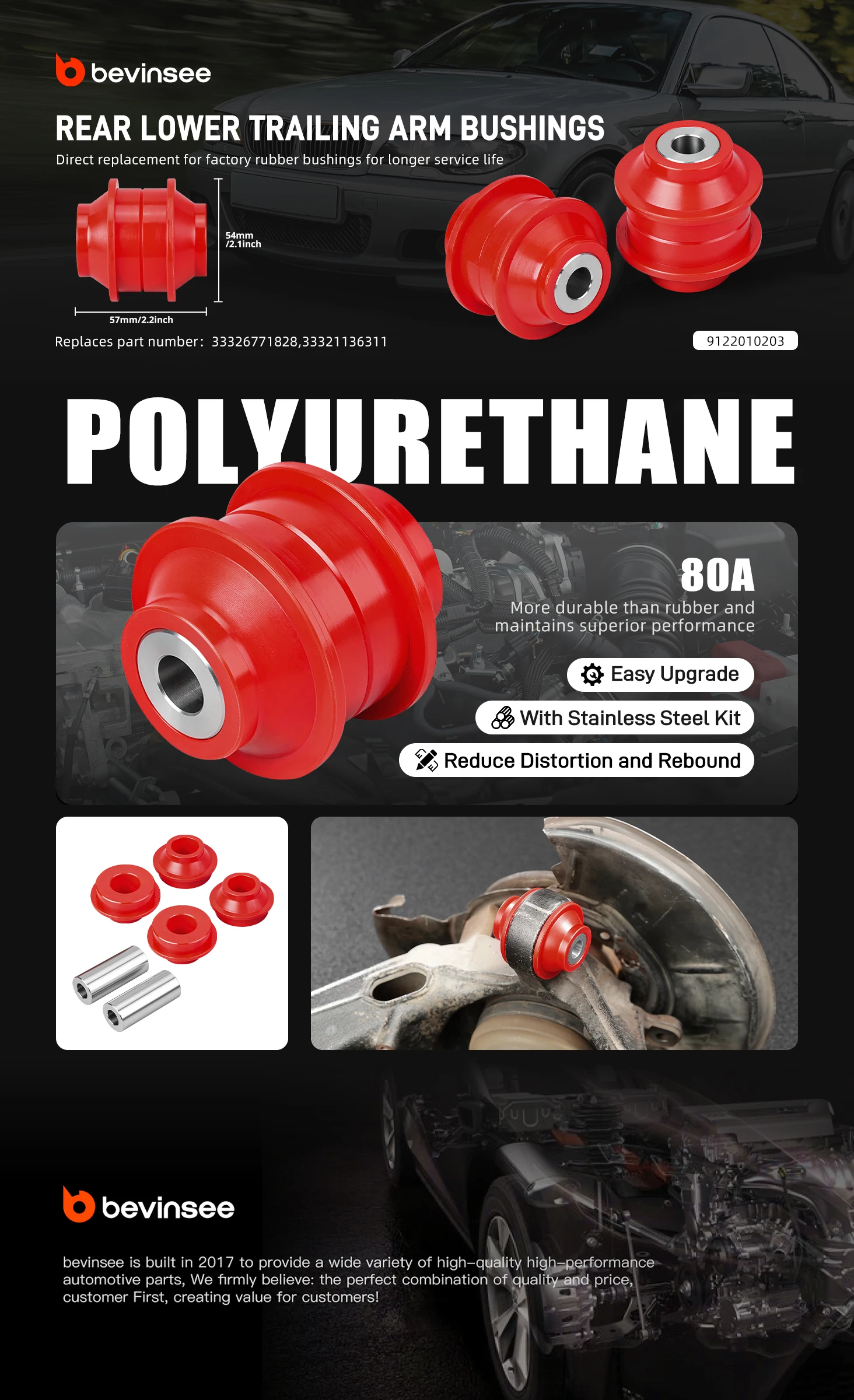 80A Polyurethan Hintere Untere Äußere Querlenker-Buchsen für BMW E46 E36 Z4 E85 E86 E89, Ersatz für 33326771828, 33321136311 – Detail 1