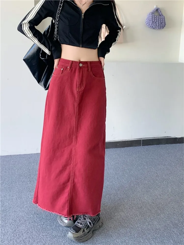 Denim Spring Autumn Long A-Line Skirts Women Retro Modis High Waist Split Pleated Ladies Skirts Korean Style Casual Woman Skirts