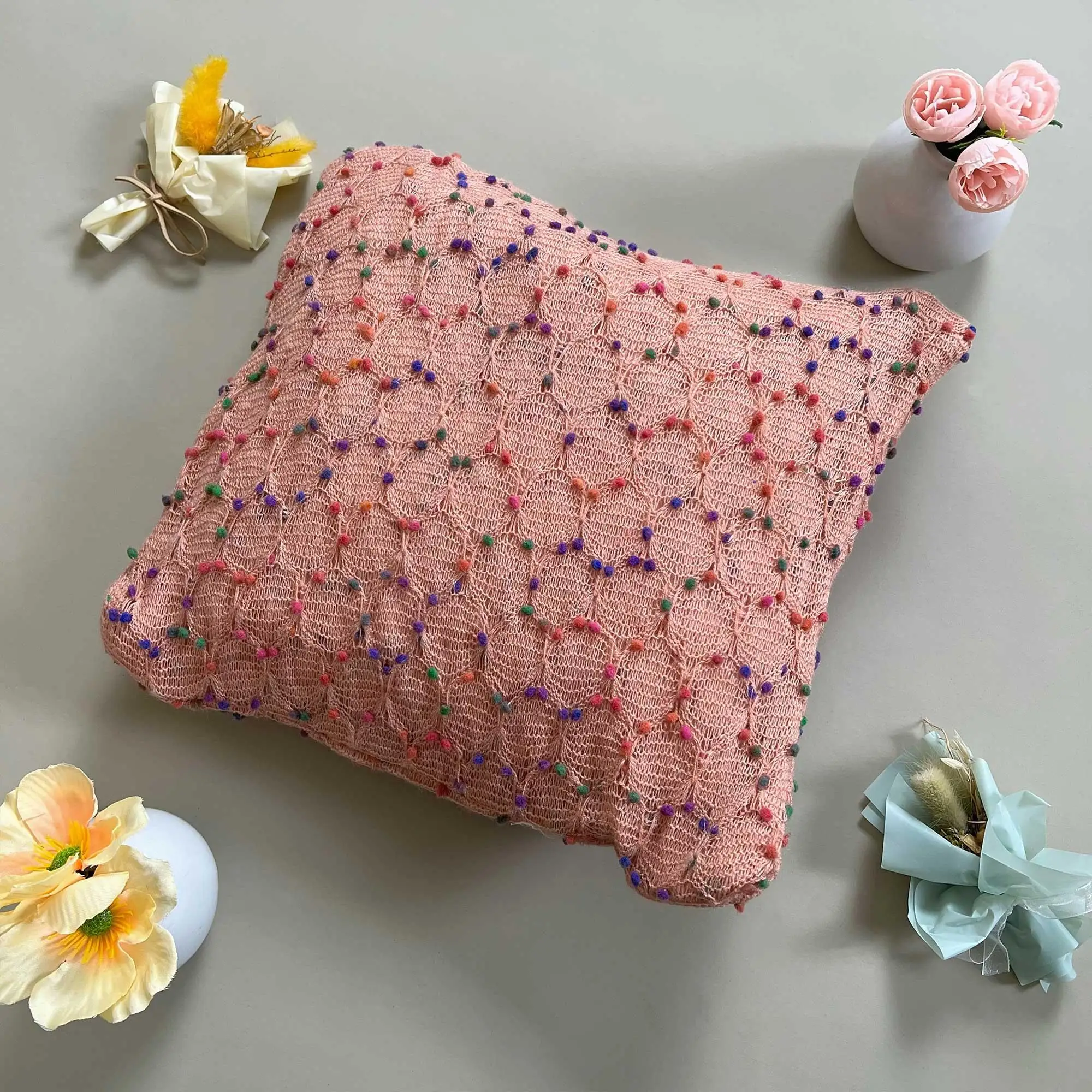 Waist Pillowcases Square Pillow, For Sofa Bedroom Decoration Sofa Accessory, White Rainbow Dots. Soft Decor