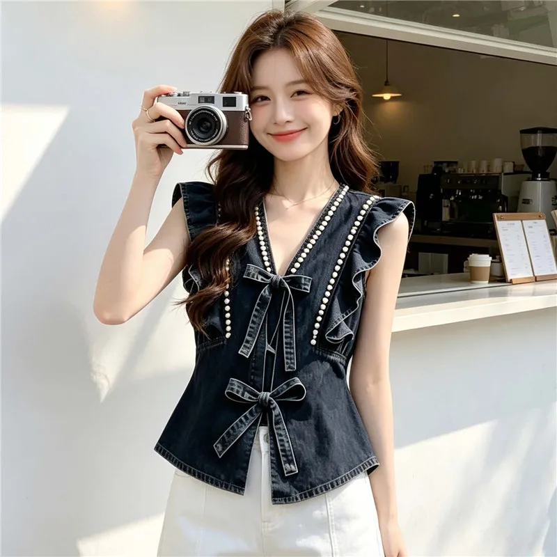 Summer Korean Women Short Denim Vest Dark Blue Light Blue Ruffles Flying Sleeve Pearl V-Neck Bow Lace-Up Sleeveless Waistcoat