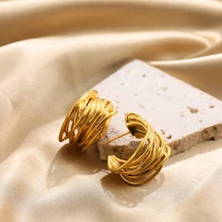 New Trendy Multilayer Hollow Line Texture Hoop Earrings for Women Golden Color C Shape Creative Earring Minimalist Jewelry Gift