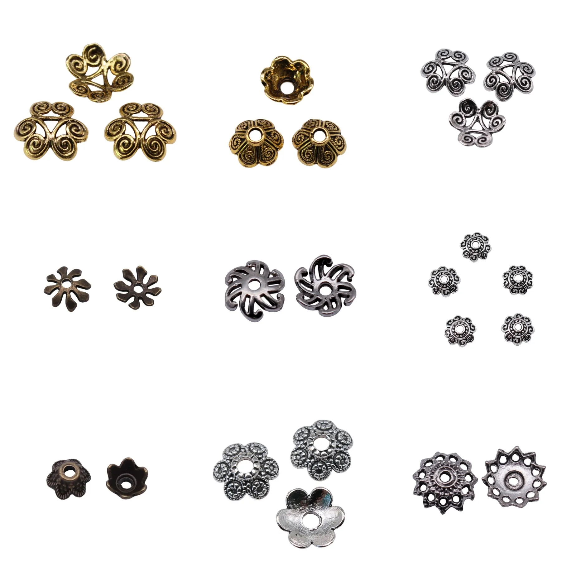 Cuentas espaciadoras con forma de flor, de color plateado antiguo, para la creación de pulseras, collares y otras piezas de joyería; se venden en grandes cantidades.