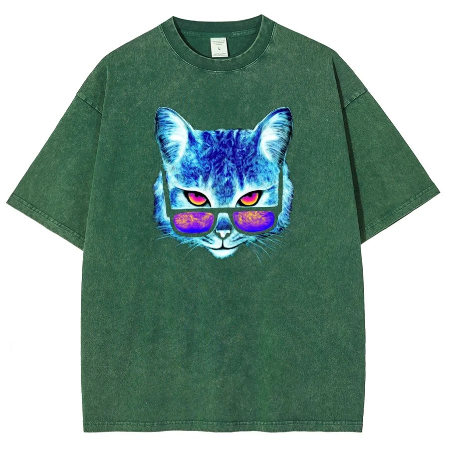 Camiseta de manga solta lavada feminina, blusa casual verão, óculos escuros, estampa de gato, design neutro, azul