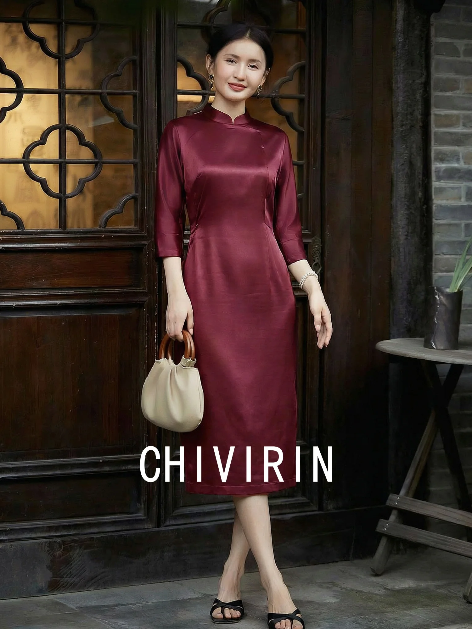 

Шикарное винтажное атласное платье с рукавом три четверти, воротником-стойкой и в китайском стиле, длинное, из весенней коллекции