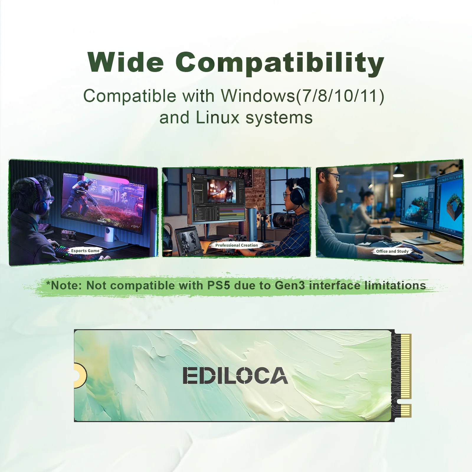 Ediloca EN680E SSD PCIe3.0x4 NVMe M.2 2280 3600 MB/s QLC Dynamic SLC Cache Unità a stato solido interna per PC desktop e laptop