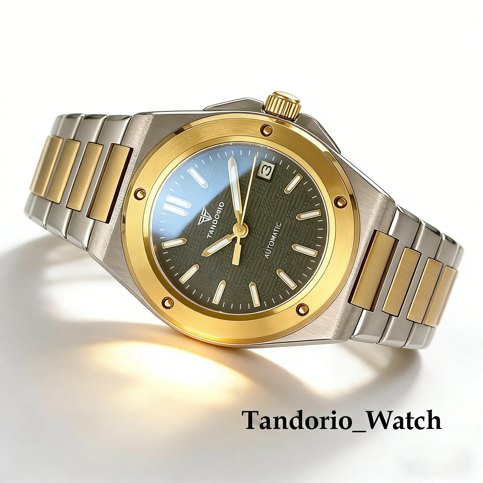 Tandorio Two Tone Gold Men's Mechanical Watch Sapphire Glass 100m Water Resistant Automatic Japan NH35A Watches For Men Luminous