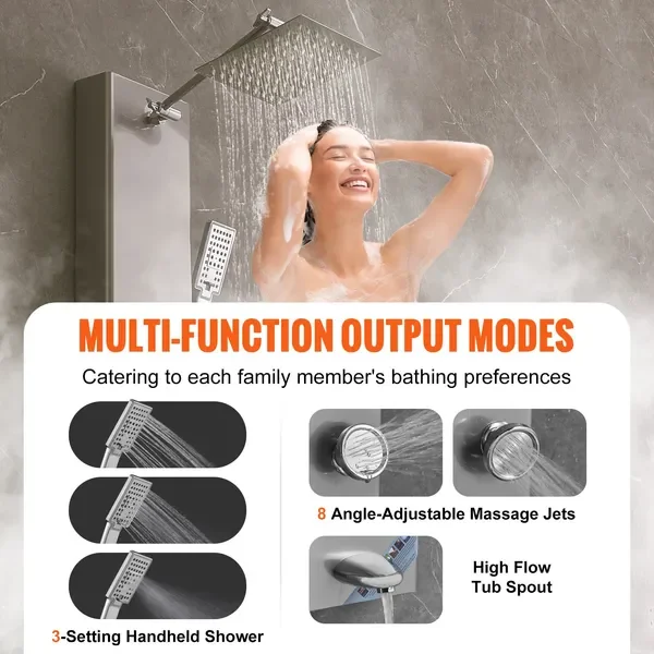 Panel Shower Digital, 5 Mode, 8 Jet Pijat, Terpasang di Dinding, Baja Tahan Karat