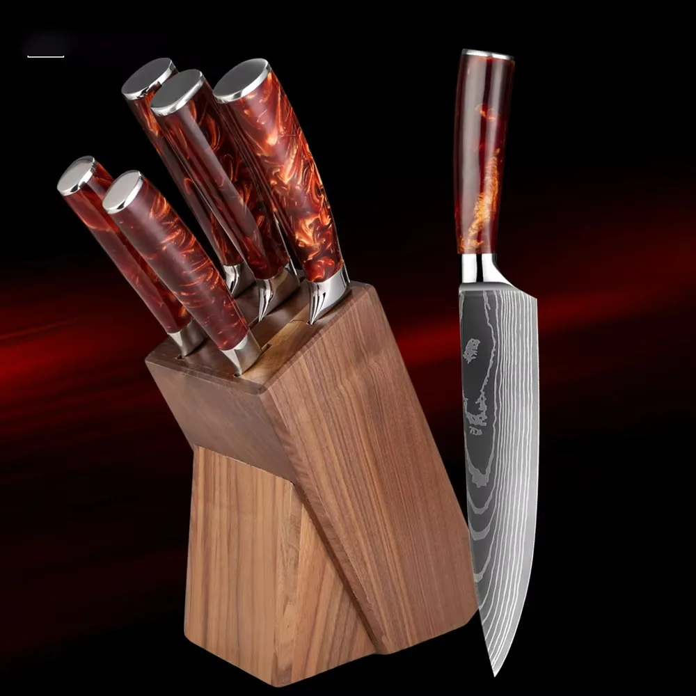 Superior Sharp Kitchen Knife Set Resin Handle Includes chef knife bread knife boning knife solid wood knife holder Fast Delivery