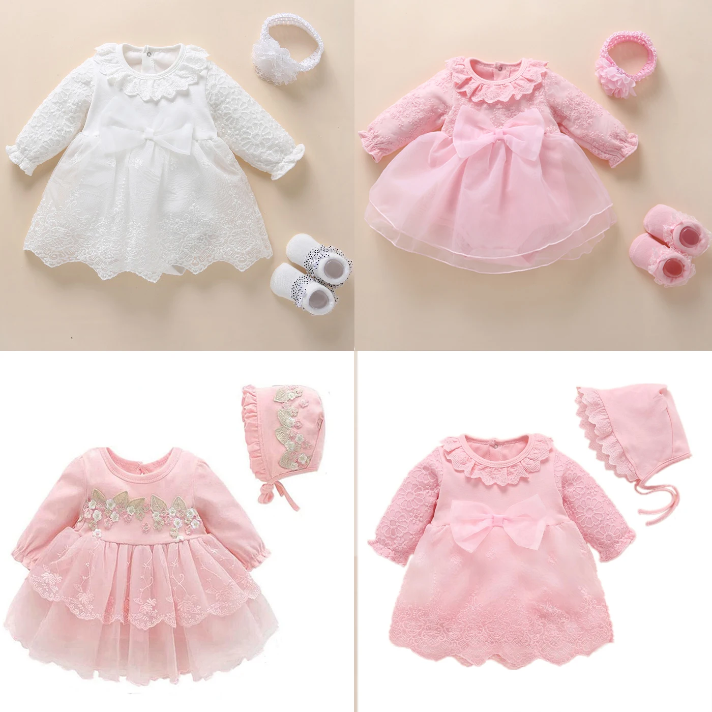 Newborn Baby Girl Dress Clothes 0 3 6 Months Princess Pink Dress White Baptism Outfit Party Dress Headband Socks Set Clothing