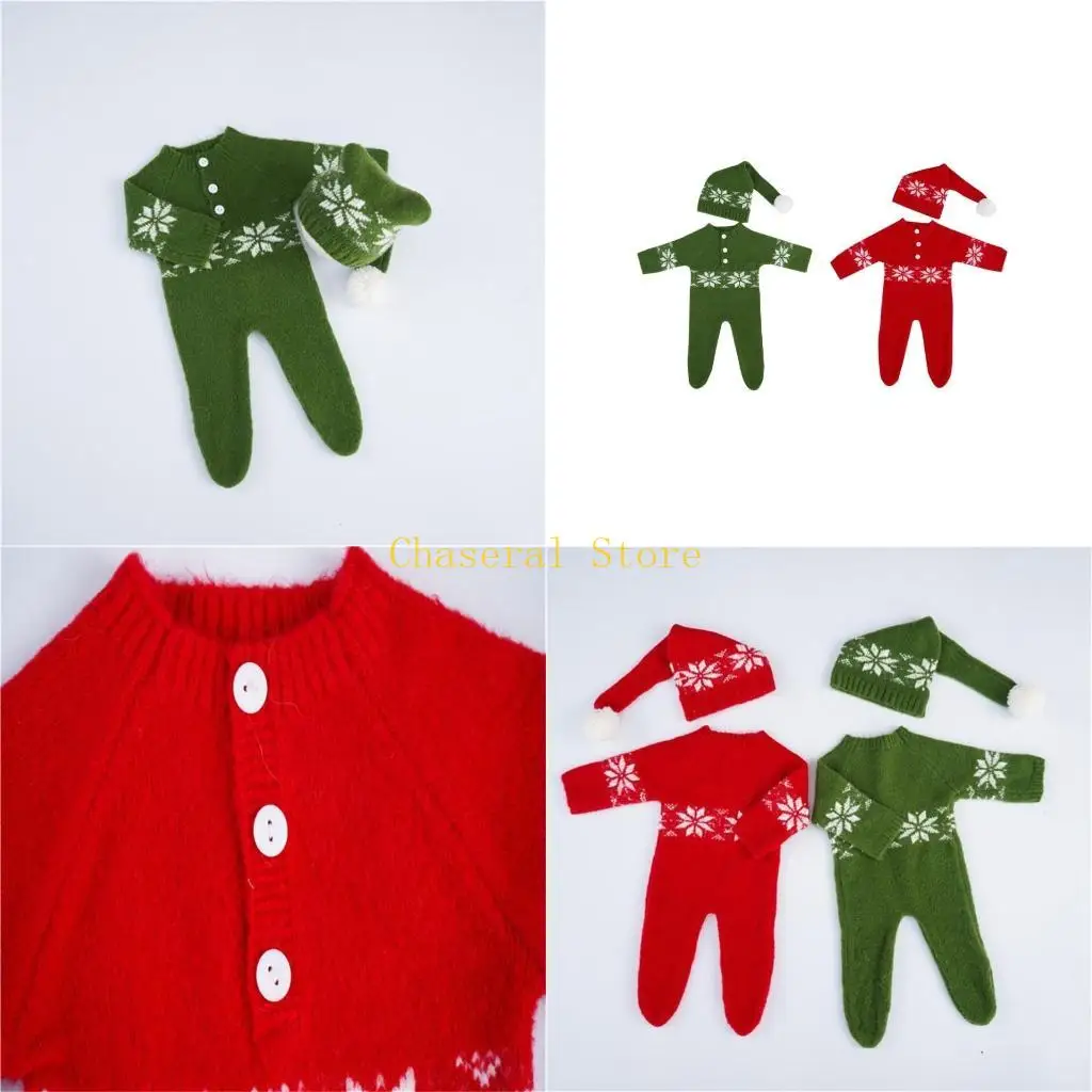 E7CE Christmas Baby Photo Props Newborn Christmas Hat and Jumpsuit Set Outfit