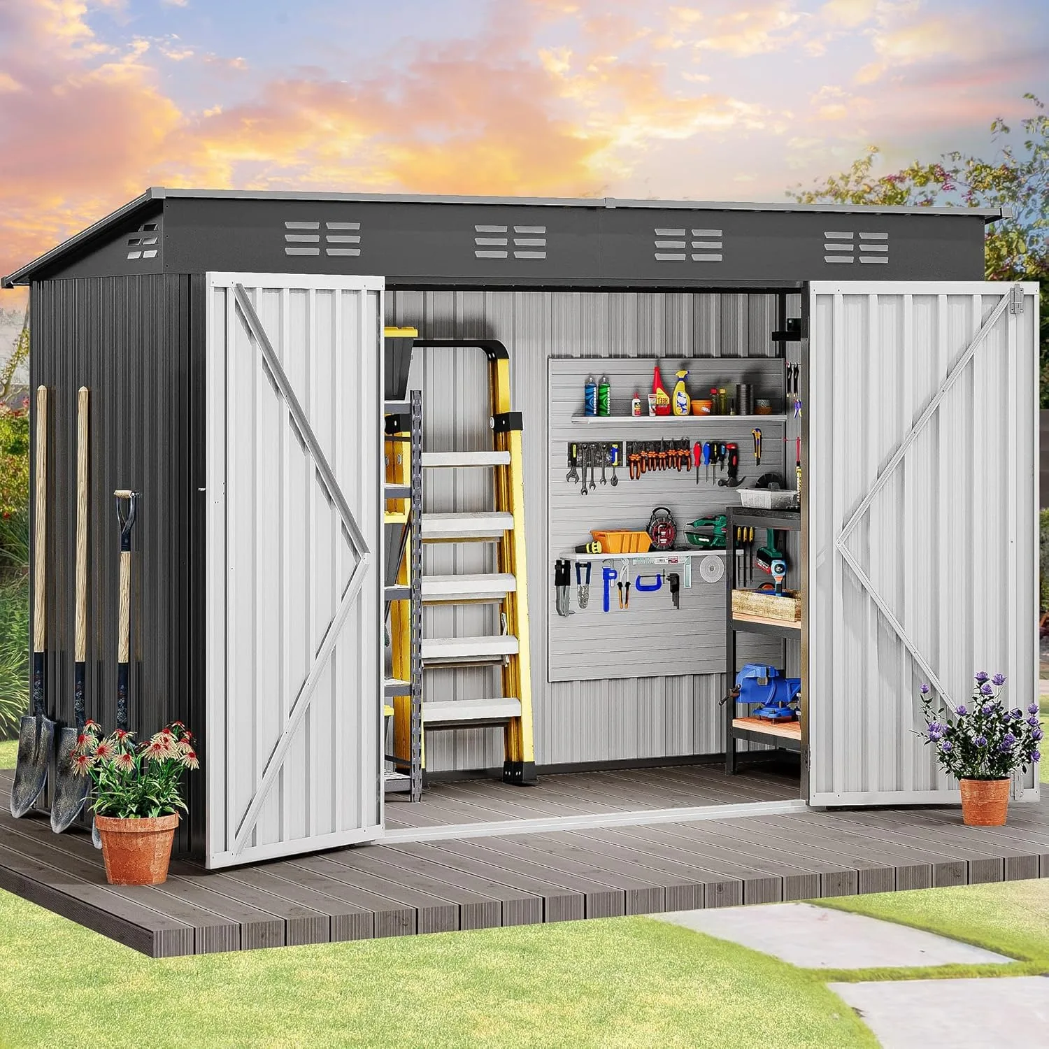 9.1' x 4.2' Outdoor Storage Shed, Large Metal Tool Sheds, Heavy Duty Storage House with Lockable Doors & Air Vent,Dark Gray