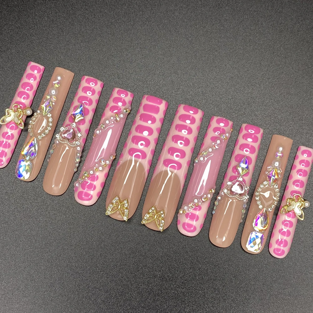 Luxurious Pink Ballerina Coffin Exclusive Design Handcrafted Nails Art 10PCS Charm Covered Decoration 55mm Handmade Nails Set