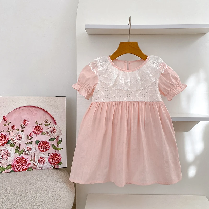 2026 Summer Sister Clothing 0-24M Baby Girl Embroidery Short Sleeves Bodysuit 2-6Yrs Kids Version Lace Sweet Party Dresses