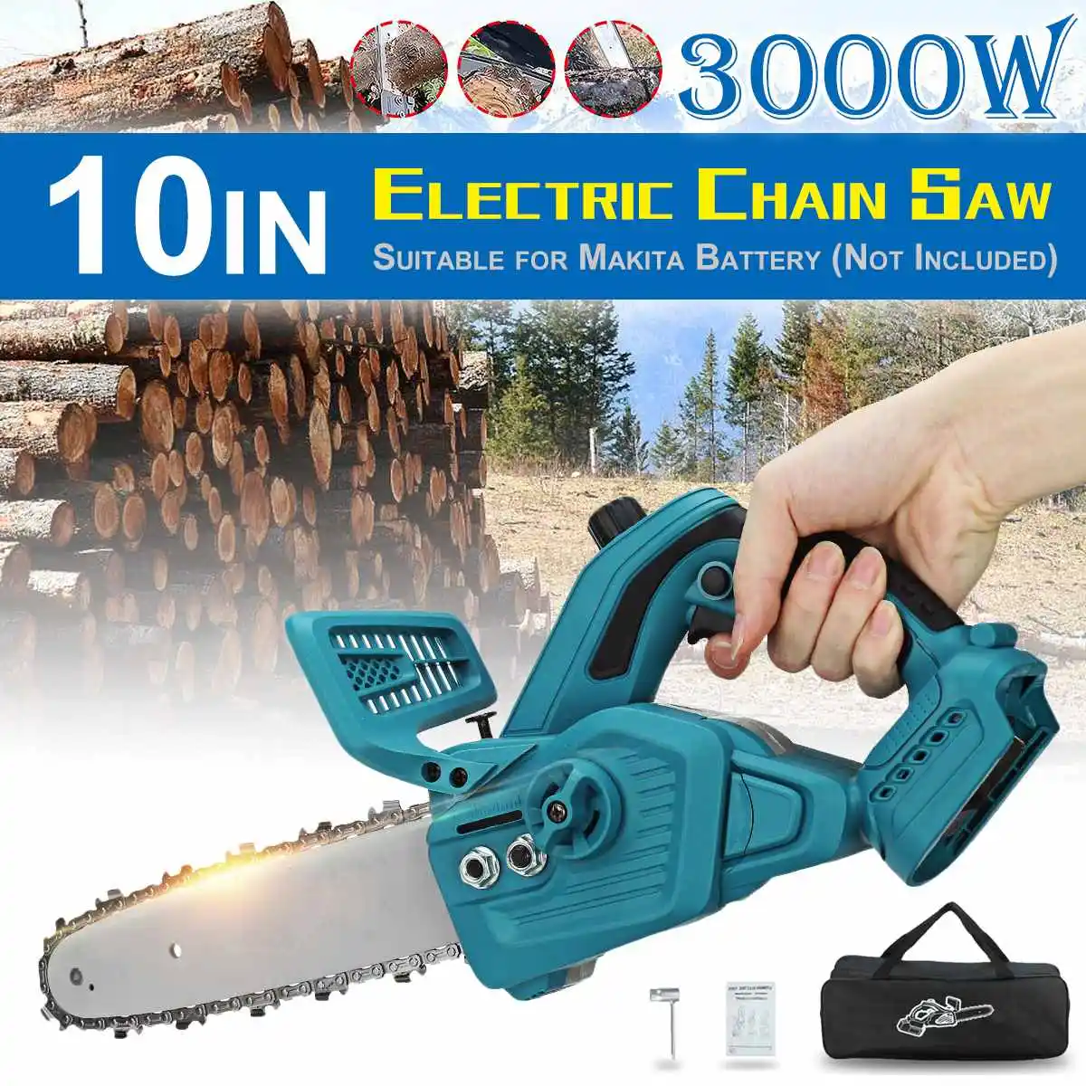 

Brushless Cordless Chainsaw 10 inch Electric Chain Saw 3000W Garden Woodworking Power Tool Wood Cutter For Makita 18V Battery