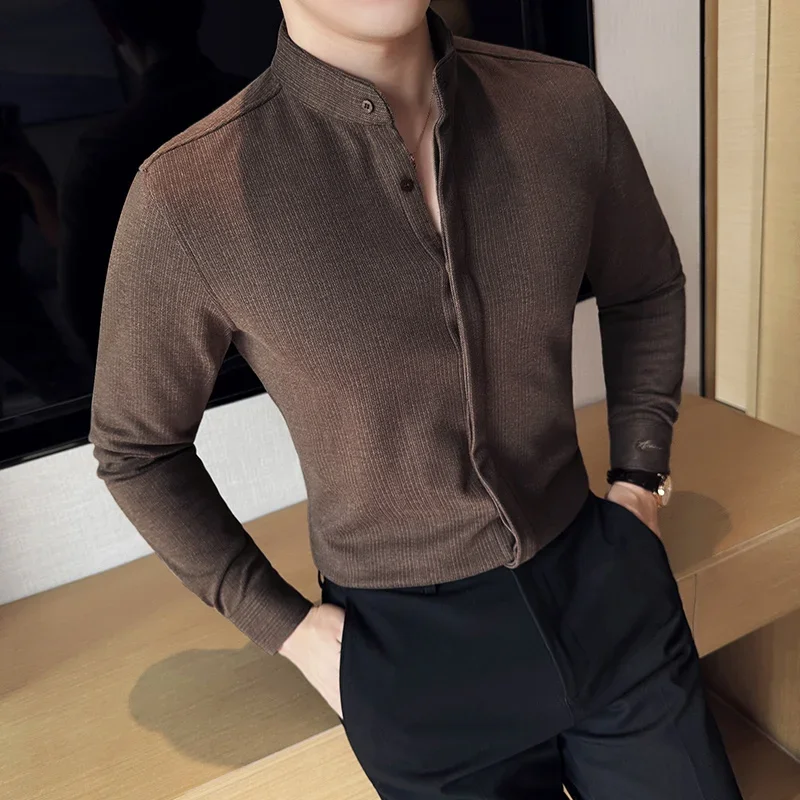 남성용 두껍고 따뜻한 모직 셔츠, 스탠드업 칼라, 스트라이프 긴팔, 슬림핏 셔츠, 포멀한 사교 남성 의류, 가을, 겨울, 신상