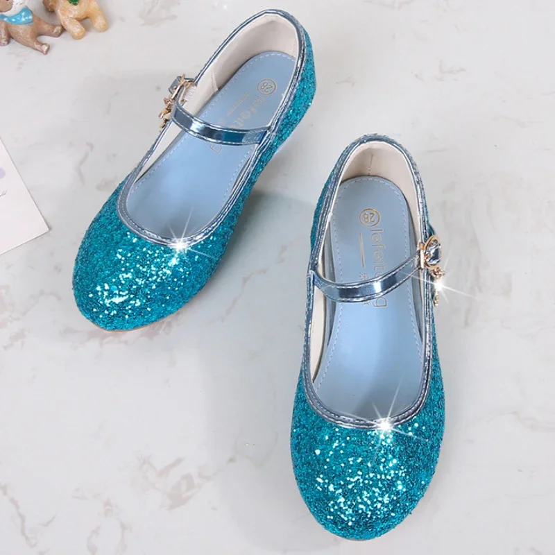 Children Princess Leather Shoes Sequins Fashion Kids Glitter Wedding Party Shoes Versatile Elegant Girls High-heels Single Shoes