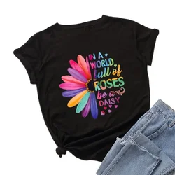 100% de algodón para mujer, camiseta holgada de manga corta con cuello redondo, tendencia femenina, camiseta de gran tamaño con estampado de girasol y Margarita colorida creativa