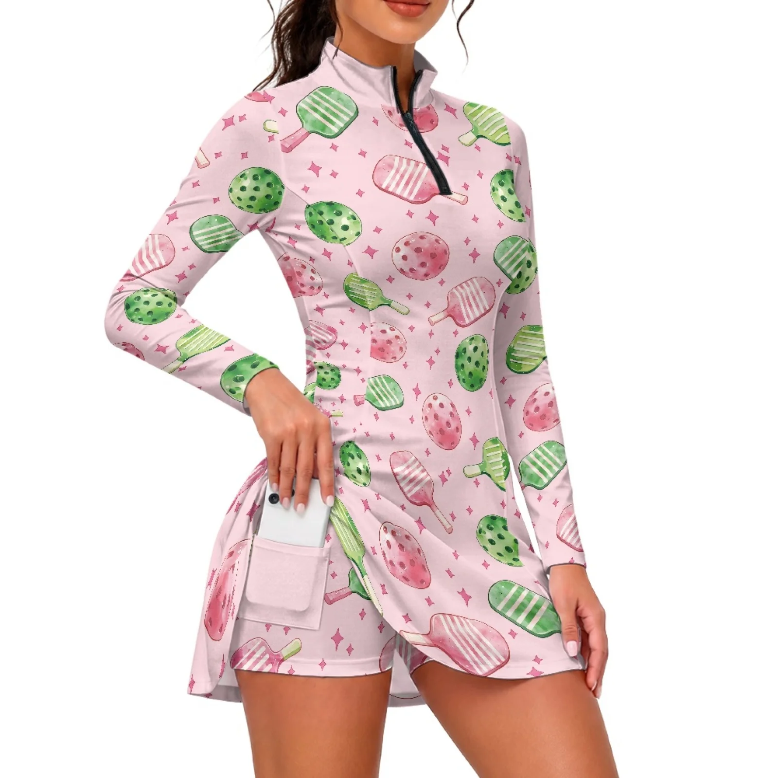 PENSTROLL Pickleball Paddle Long Sleeve Athletic Dress with Pockets, Quick Dry Golf Dress for Women Tennis Workout