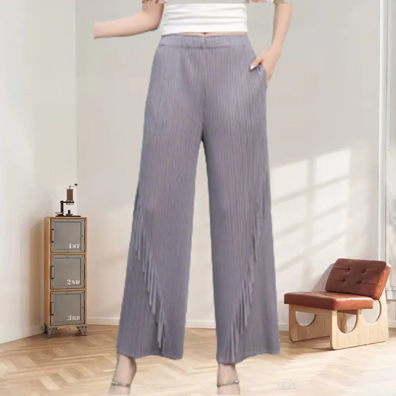 

Плиссированные прямые брюки Miyake, женские однотонные повседневные складные брюки с бахромой, весна-лето 2024, новые плиссированные брюки с высокой талией