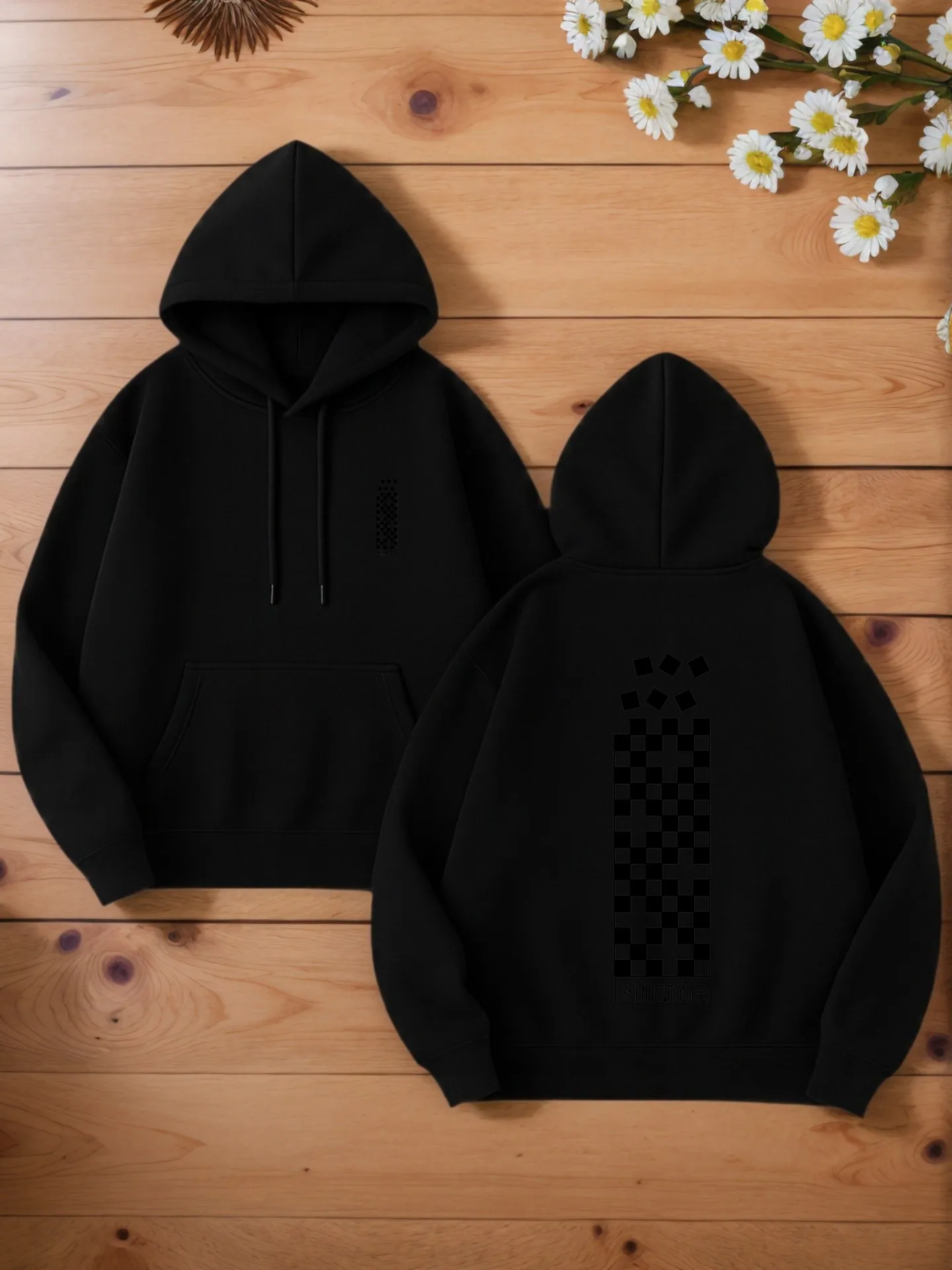 هوديي برسومات للرجال، طراز ملابس الشارع كبيرة الحجم، مبطن بالصوف، طباعة الشطرنج، للارتداء اليومي #1