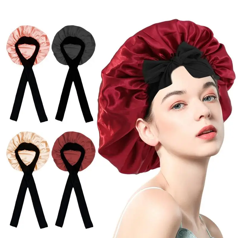 Satin Wide Brim Nightcap Silky Bonnet Hair Wrap For Sleeping Sleep Cap With Elastic Soft Band Styling Cap Hair Wrapping Tool