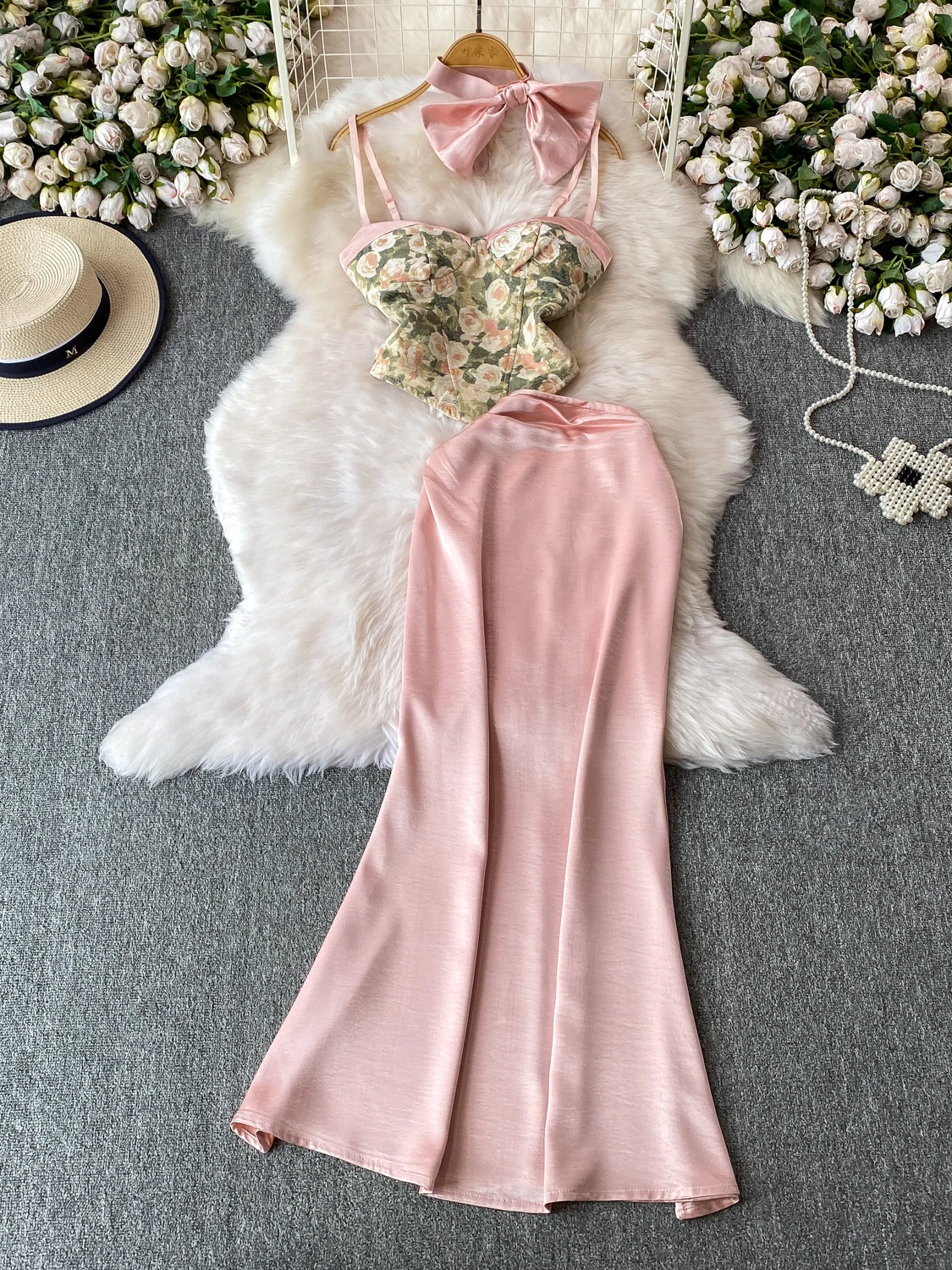 

Elegant Knot Strap Long Dress Set Heavy Embroidery Court Style Sweet Sensation High Waist Fish Tail Skirt for Women