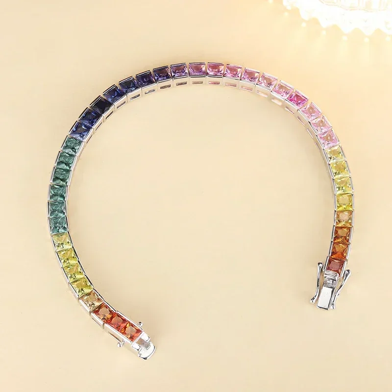 

Ruihe New Sale Rainbow Bracelet 925 Silver Setting 4x4mm Square Lab Created Sapphire Fashion Jewelry for Christmas Women Gifts