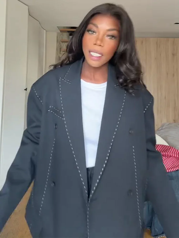 Elegantní prošívané sako, kalhotové kostýmy pro ženy, elegantní volné klopy, dvouřadé sako, široké nohavice, kalhoty, jarní patchworkový set 2026 - náhled 4