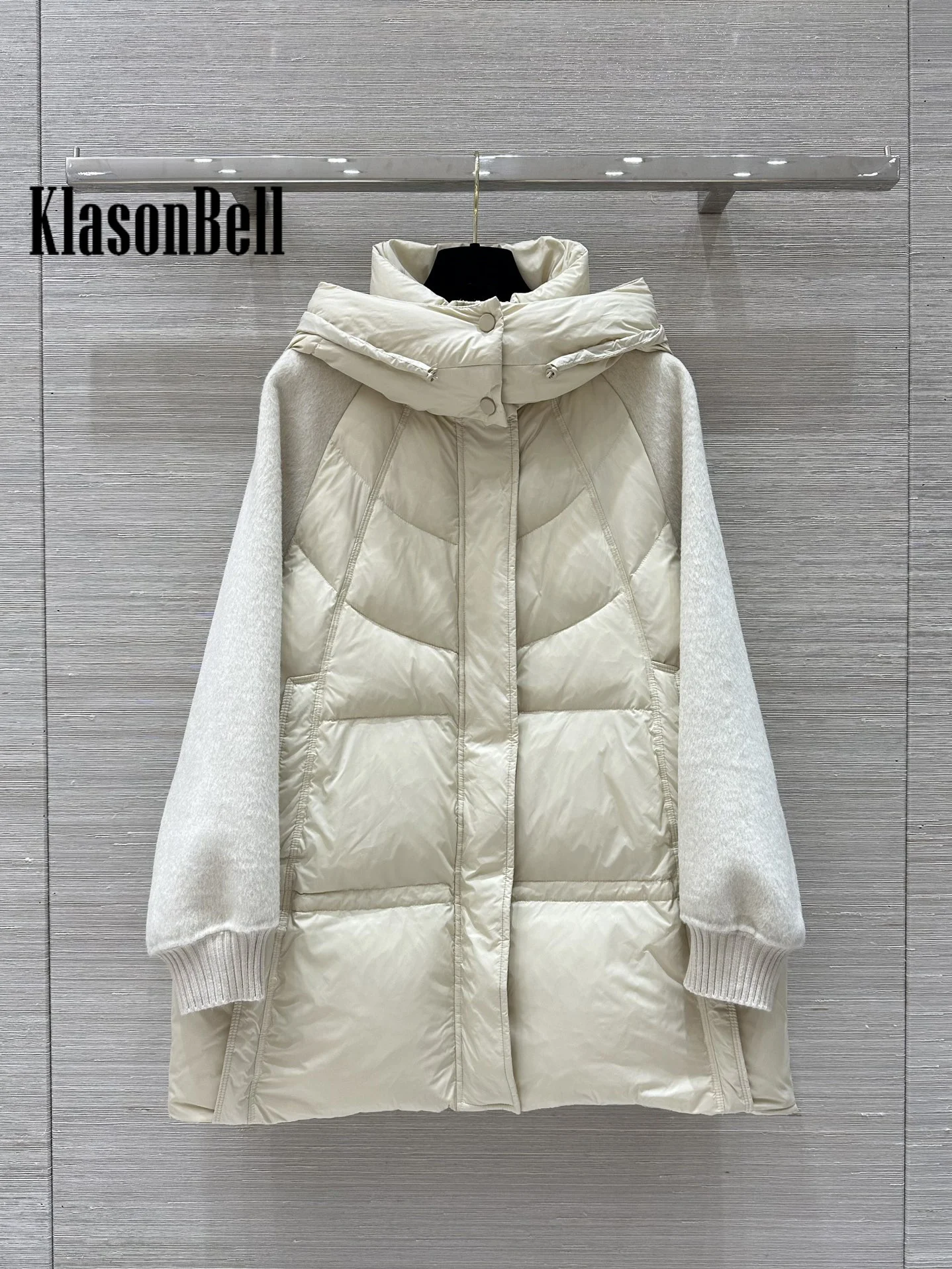 10.7 KlasonBell-Women 2024 Autumn Winter New Wool Spliced Quilted Hooded White Duck Down Loose Zipper Outerwear